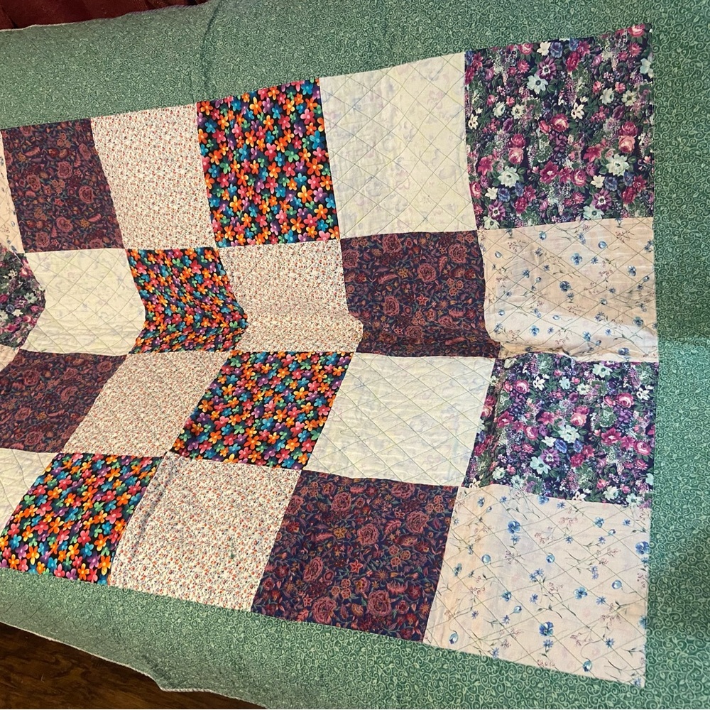 Vibrant Purple, greens and floral, Handmade Quilt (78X56)